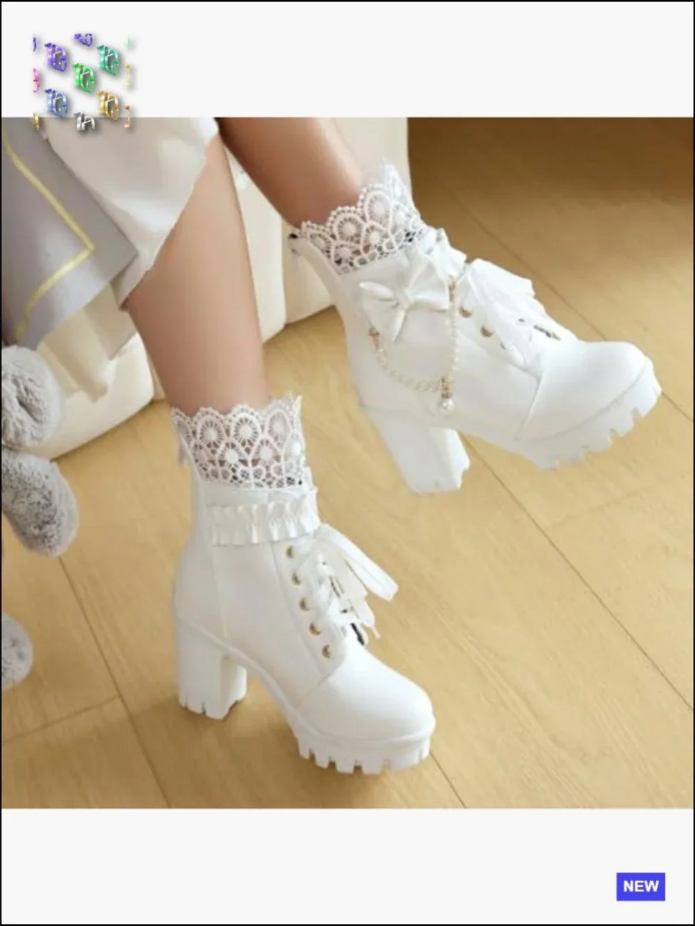 Platform Ankle Boots with Lace Pearl Chain Bow Chunky High Heel Goth Combat